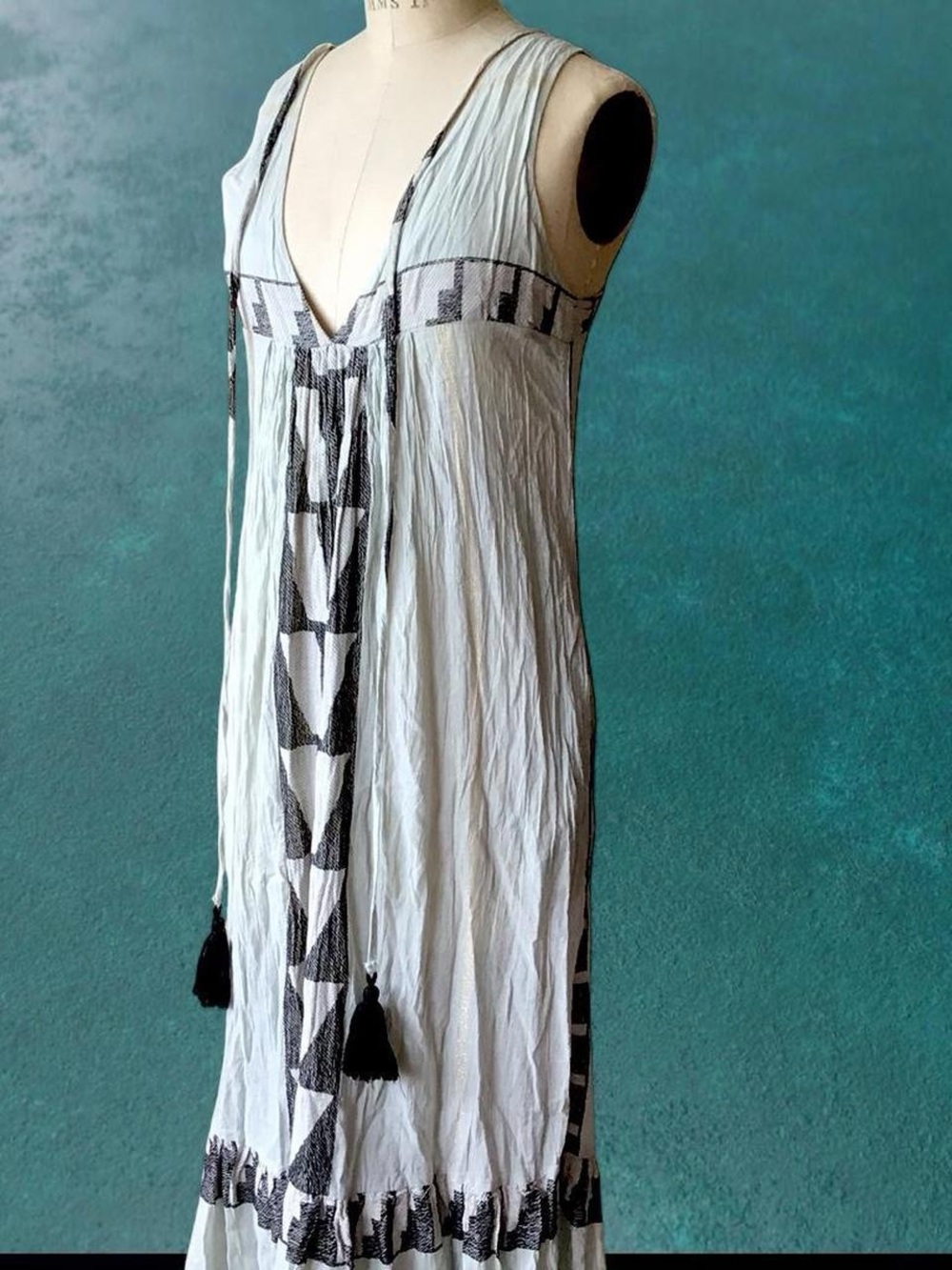 Pearl & Caviar Maxi Dress OysterBlack Western Aztec Embroidered Trim and Tassels